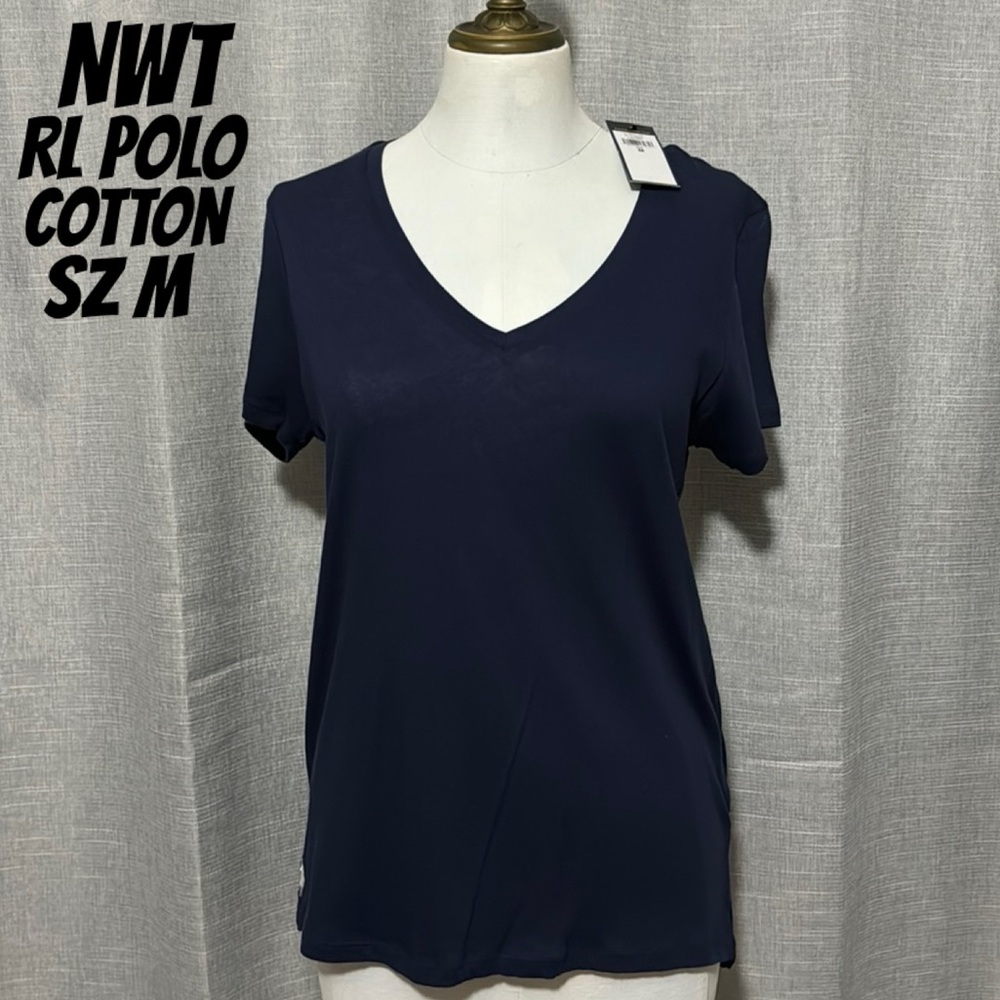 NWT Ralph Lauren Polo Short Sleeve T-Cotton Sz m-Navy-Notched Side Hem-V Neck